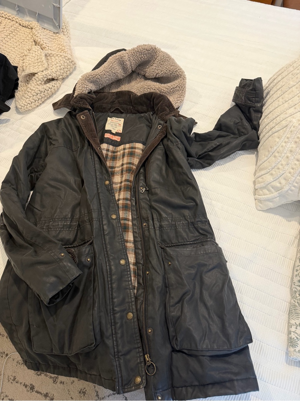 FATFACE waxed Black Hooded Parka Jacket with Fleece Lining